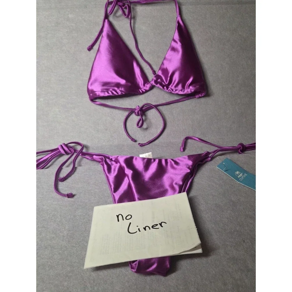 CUPSHE Satin Purple Triangle String 2pc Bikini Set Womens Sz M Tie Side Halter